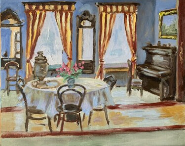 Painting titled "Living room with a…" by Vita Schagen, Original Artwork, Oil Mounted on Cardboard