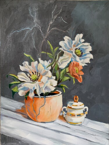 Painting titled "Flower. Still life." by Vita Schagen, Original Artwork, Oil Mounted on Wood Stretcher frame