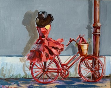 Painting titled "Red bike." by Vita Schagen, Original Artwork, Oil Mounted on Wood Panel