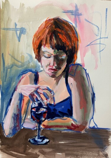 Painting titled "Woman with glass of…" by Vita Schagen, Original Artwork, Gouache