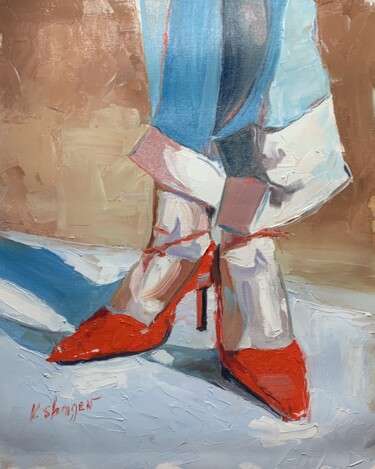 Painting titled "ON RED HEELS. WOMAN…" by Vita Schagen, Original Artwork, Oil Mounted on Wood Stretcher frame