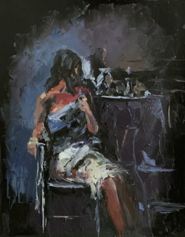 Painting titled "WOMAN IN A CAFE ON…" by Vita Schagen, Original Artwork, Oil Mounted on Wood Stretcher frame