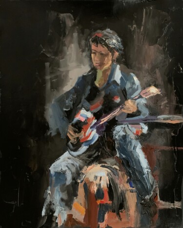 Painting titled "PLAYING GUITAR ON B…" by Vita Schagen, Original Artwork, Oil Mounted on Wood Stretcher frame