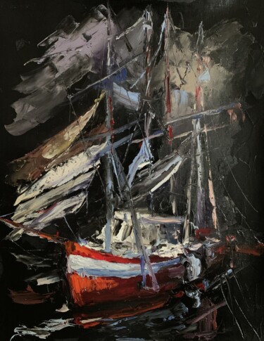 Painting titled "Boat 1" by Vita Schagen, Original Artwork, Oil Mounted on Wood Stretcher frame