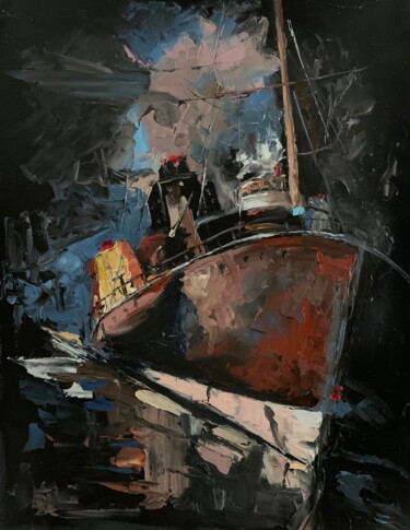 Painting titled "Boat 2" by Vita Schagen, Original Artwork, Oil Mounted on Wood Stretcher frame
