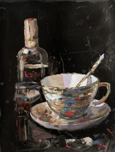 Pittura intitolato "TEA CUP AND WINE ON…" da Vita Schagen, Opera d'arte originale, Olio Montato su Telaio per barella in leg…