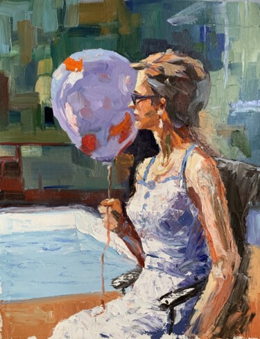 Painting titled "Woman with air ball…" by Vita Schagen, Original Artwork, Oil Mounted on Wood Stretcher frame