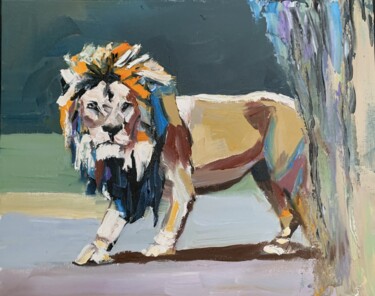 Painting titled "Lion. Original oil…" by Vita Schagen, Original Artwork, Oil Mounted on Cardboard