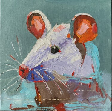Painting titled "White mouse." by Vita Schagen, Original Artwork, Oil Mounted on Cardboard