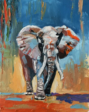 Painting titled "Elephant. Original…" by Vita Schagen, Original Artwork, Oil Mounted on Cardboard