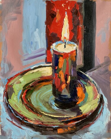 Painting titled "Candle. Still life." by Vita Schagen, Original Artwork, Oil Mounted on Wood Stretcher frame