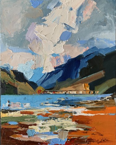 Painting titled "Landscape. Lake and…" by Vita Schagen, Original Artwork, Oil Mounted on Cardboard