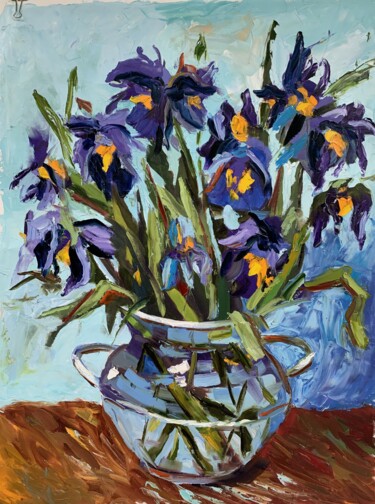 Painting titled "IRISES. FLOWERS. IN…" by Vita Schagen, Original Artwork, Oil Mounted on Wood Stretcher frame