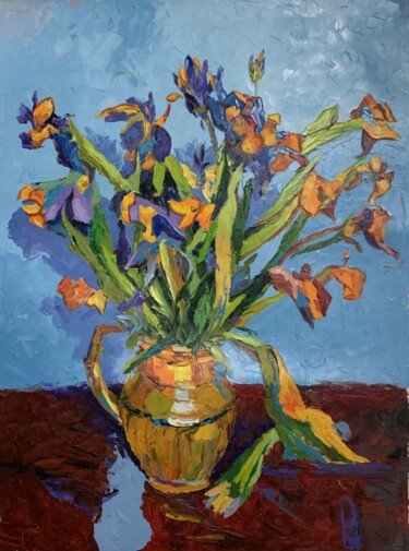 Malarstwo zatytułowany „IRISES. FLOWERS. IN…” autorstwa Vita Schagen, Oryginalna praca, Olej Zamontowany na Drewniana rama n…