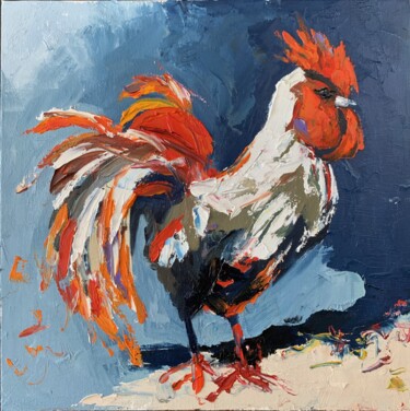 Painting titled "Rooster." by Vita Schagen, Original Artwork, Oil Mounted on Cardboard