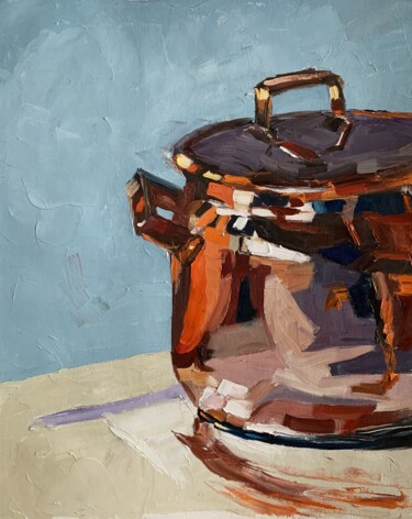 Painting titled "Сopper saucepans. S…" by Vita Schagen, Original Artwork, Oil Mounted on Wood Stretcher frame