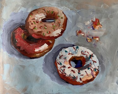 Painting titled "Donuts." by Vita Schagen, Original Artwork, Oil Mounted on Wood Stretcher frame