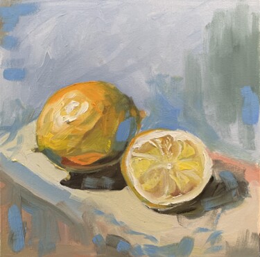 Painting titled "Lemons. Still life.…" by Vita Schagen, Original Artwork, Oil Mounted on Cardboard