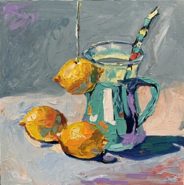 Painting titled "Lemons. Still life.…" by Vita Schagen, Original Artwork, Oil Mounted on Cardboard