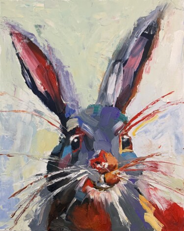 Painting titled "Rabbit. Bunny. Orig…" by Vita Schagen, Original Artwork, Oil Mounted on Cardboard