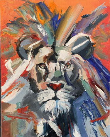 Painting titled "Lion on red. Origin…" by Vita Schagen, Original Artwork, Oil Mounted on Cardboard