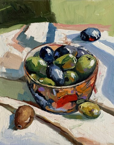 Painting titled "Still life with gre…" by Vita Schagen, Original Artwork, Oil Mounted on Cardboard