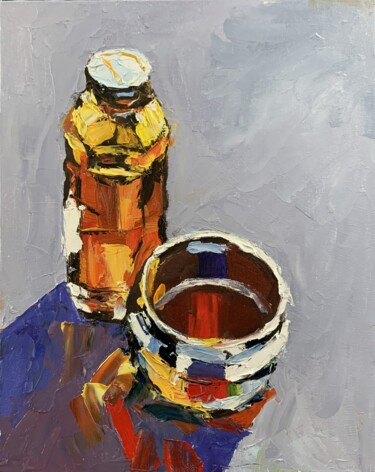 Painting titled "Glass jar. Still li…" by Vita Schagen, Original Artwork, Oil Mounted on Cardboard
