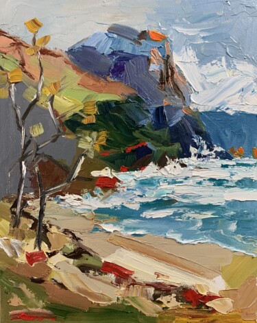 Painting titled "Seascape.mountains,…" by Vita Schagen, Original Artwork, Oil Mounted on Cardboard