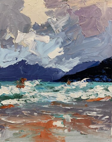 Painting titled "Seascape. Rockes, m…" by Vita Schagen, Original Artwork, Oil Mounted on Cardboard