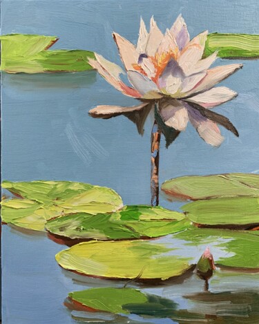 Painting titled "Lily pond landscape…" by Vita Schagen, Original Artwork, Oil Mounted on Cardboard