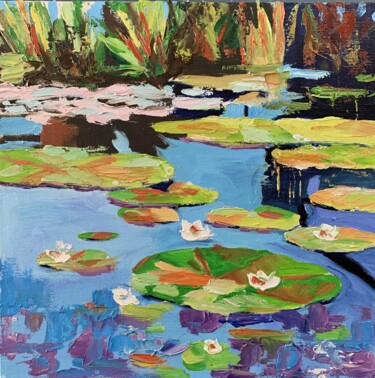 Schilderij getiteld "Lily pond landscape…" door Vita Schagen, Origineel Kunstwerk, Olie Gemonteerd op Karton