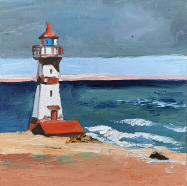 Painting titled "Seascape. Lighthous…" by Vita Schagen, Original Artwork, Oil Mounted on Cardboard
