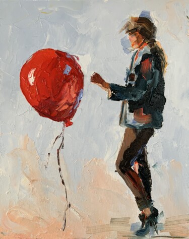 Картина под названием "Woman with a red ai…" - Vita Schagen, Подлинное произведение искусства, Масло Установлен на картон