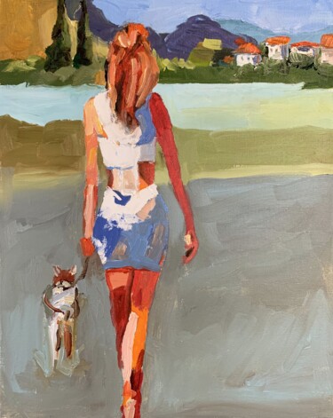 Painting titled "Woman with a dog." by Vita Schagen, Original Artwork, Oil Mounted on Cardboard