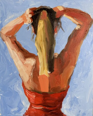 Painting titled "Woman in a red dres…" by Vita Schagen, Original Artwork, Oil Mounted on Cardboard