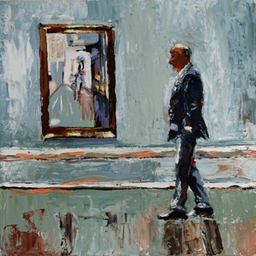 Painting titled "Old man in a museum." by Vita Schagen, Original Artwork, Oil Mounted on Cardboard