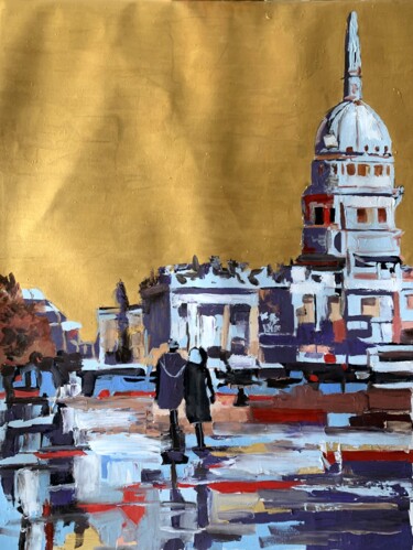 Painting titled "Golden sky over Lon…" by Vita Schagen, Original Artwork, Oil Mounted on Wood Stretcher frame