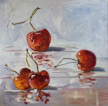 Painting titled "Red Cherries. Still…" by Vita Schagen, Original Artwork, Oil Mounted on Wood Stretcher frame