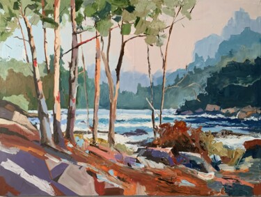 Painting titled "Trees on the coast.…" by Vita Schagen, Original Artwork, Oil Mounted on Wood Stretcher frame