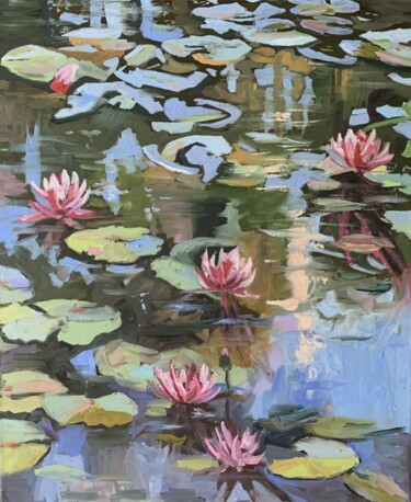 Painting titled "Pond with water lil…" by Vita Schagen, Original Artwork, Oil Mounted on Wood Stretcher frame