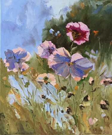 Painting titled "Pink poppies in a w…" by Vita Schagen, Original Artwork, Oil Mounted on Wood Stretcher frame