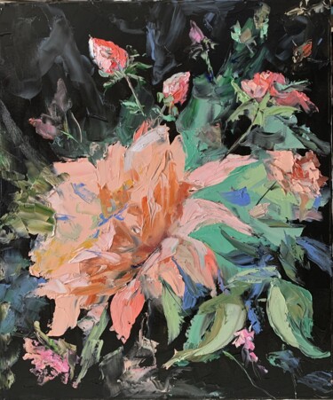Painting titled "Roses. Tender flowe…" by Vita Schagen, Original Artwork, Oil Mounted on Wood Stretcher frame
