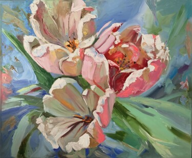 Painting titled "Tulips, flowers." by Vita Schagen, Original Artwork, Oil Mounted on Wood Stretcher frame