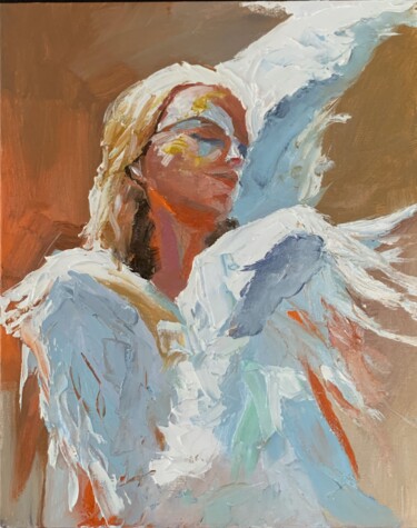 Painting titled "Angel. #10" by Vita Schagen, Original Artwork, Oil Mounted on Cardboard