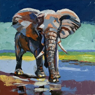 Painting titled "Elephant." by Vita Schagen, Original Artwork, Oil Mounted on Cardboard