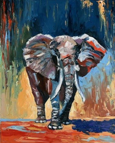 Painting titled "Elephant.#3" by Vita Schagen, Original Artwork, Oil Mounted on Wood Stretcher frame