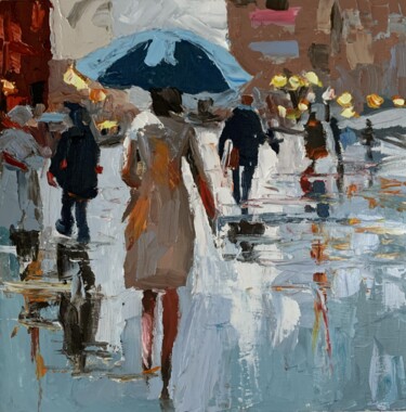 Painting titled "Rainy city. Woman w…" by Vita Schagen, Original Artwork, Oil Mounted on Cardboard