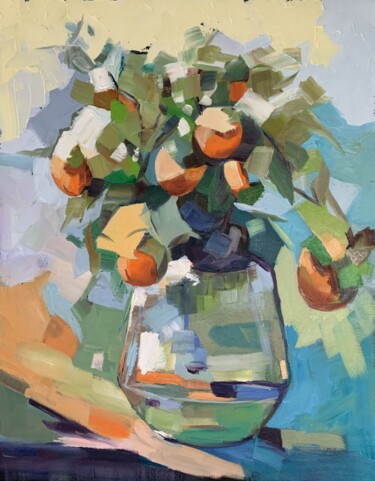 Painting titled "Bouquet of apricots." by Vita Schagen, Original Artwork, Oil Mounted on Wood Stretcher frame