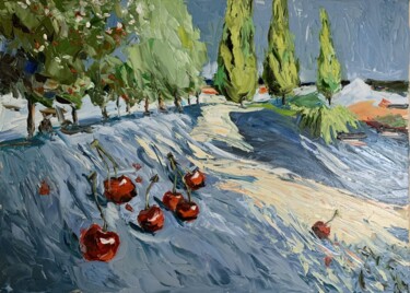 Pintura titulada "Olive trees and che…" por Vita Schagen, Obra de arte original, Oleo Montado en Bastidor de camilla de made…