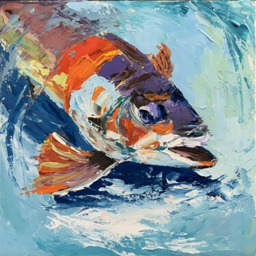 Painting titled "Fish." by Vita Schagen, Original Artwork, Oil Mounted on Cardboard